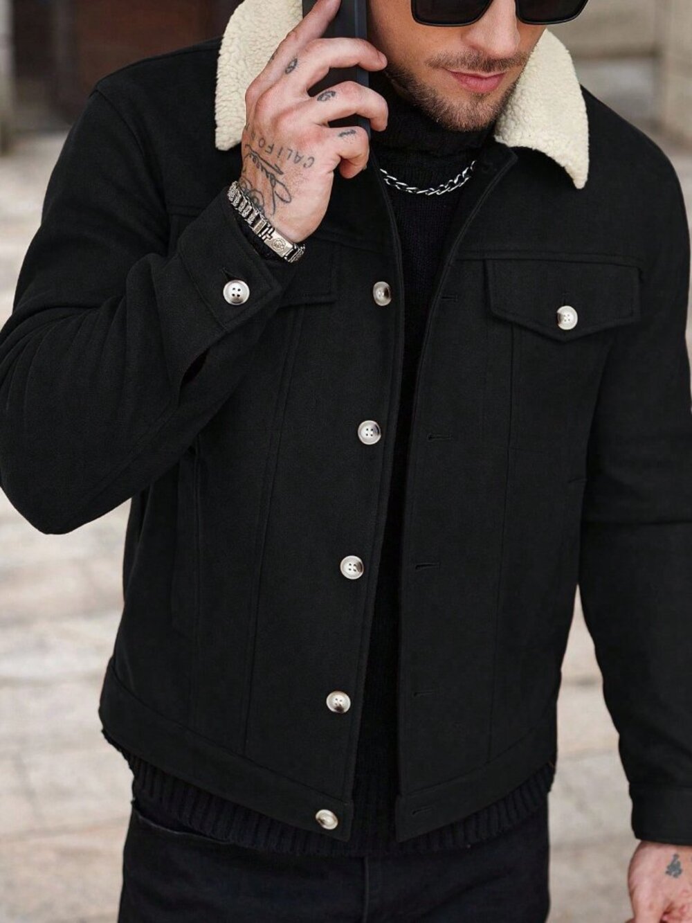 Black Loose Single Breasted Men's Lapel Overcoat